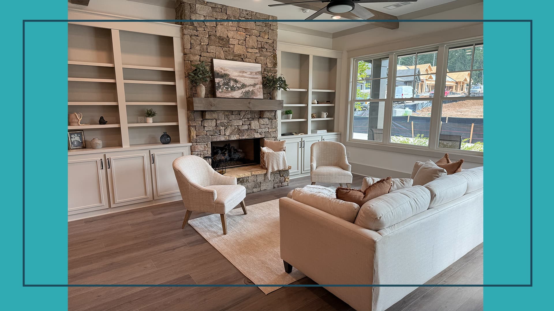 Living Room with Stone Fireplace