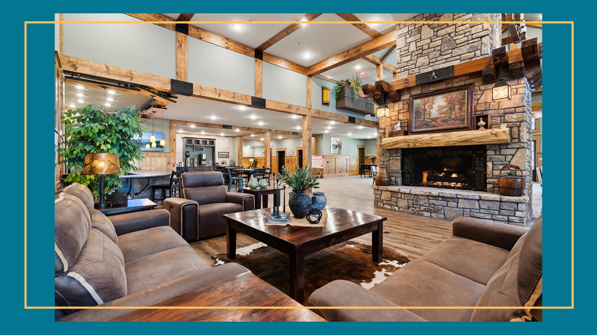 Rustic Grand Lounge with Stone Fireplace