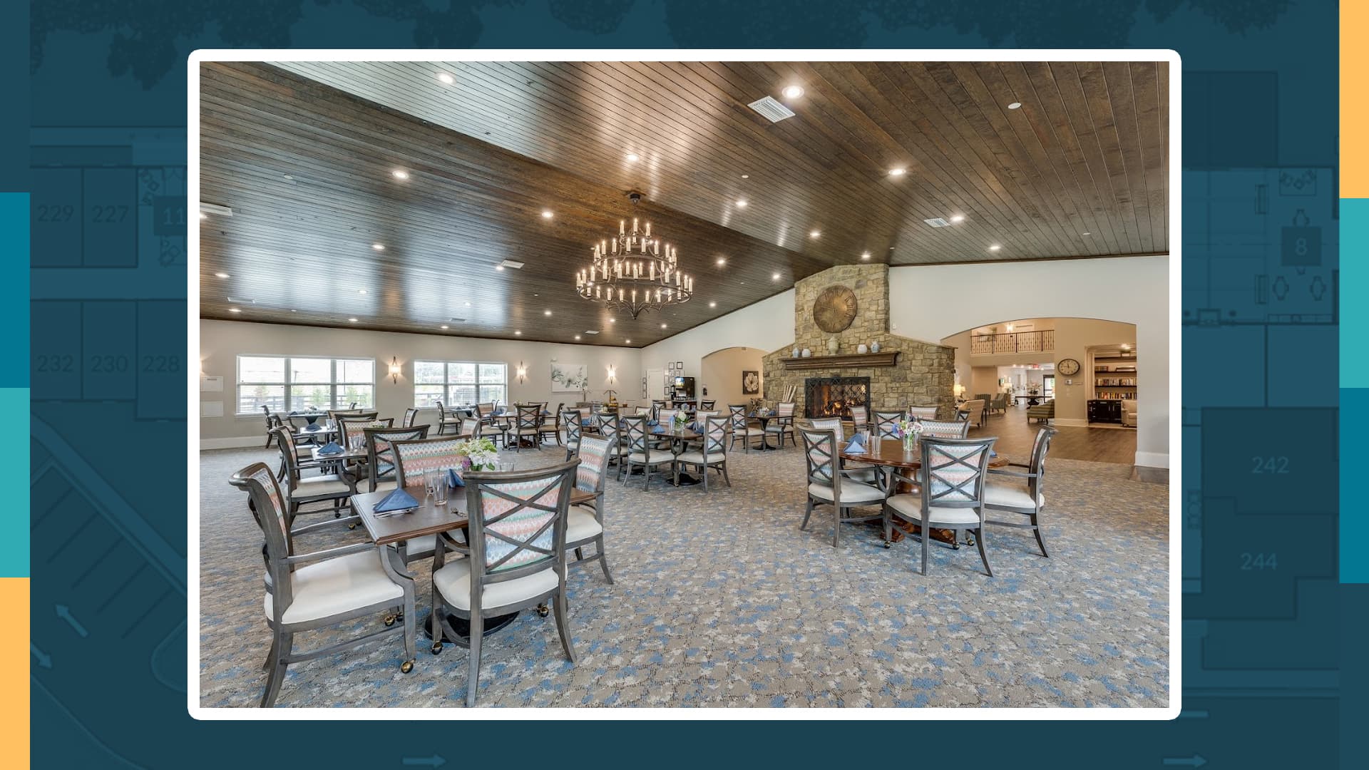 Dining Room with Chandelier & Stone Fireplace