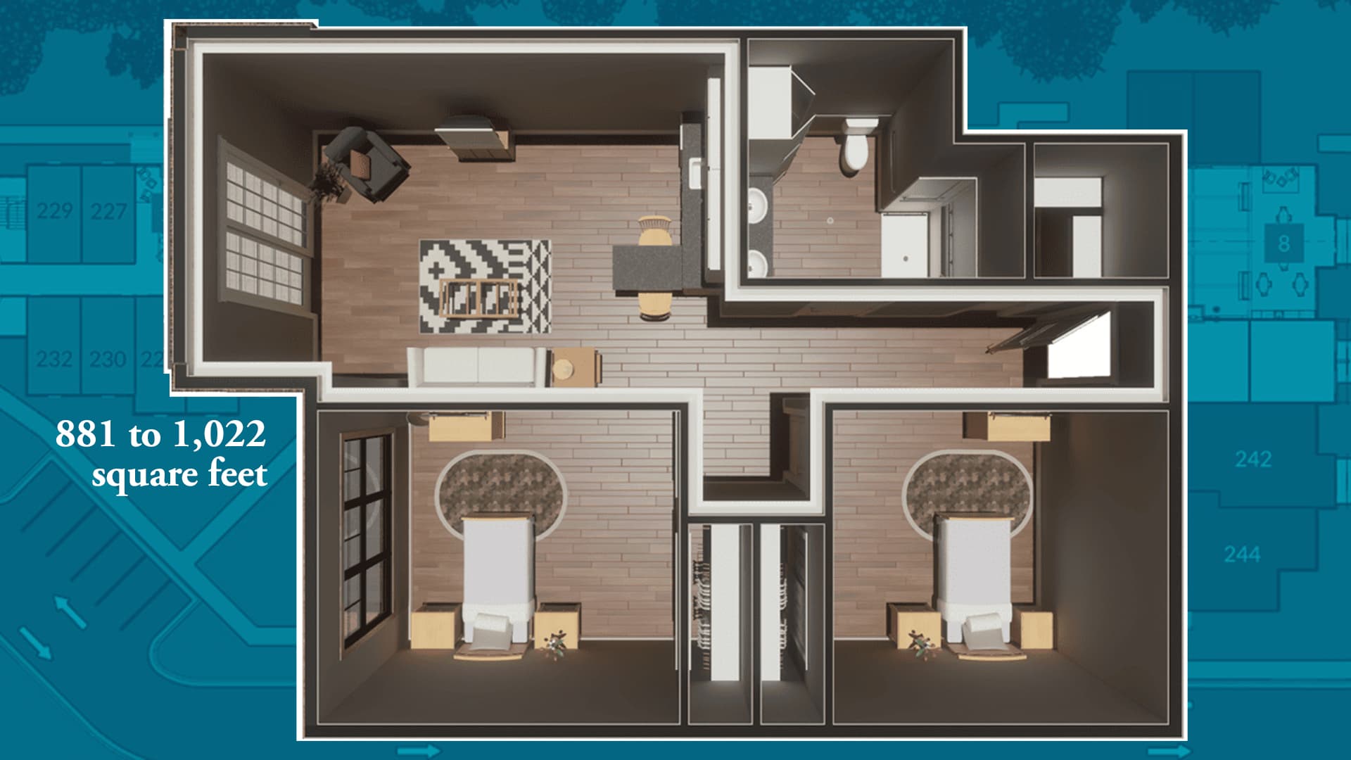Two-Bedroom Suite — 881 to 1,022 sq ft